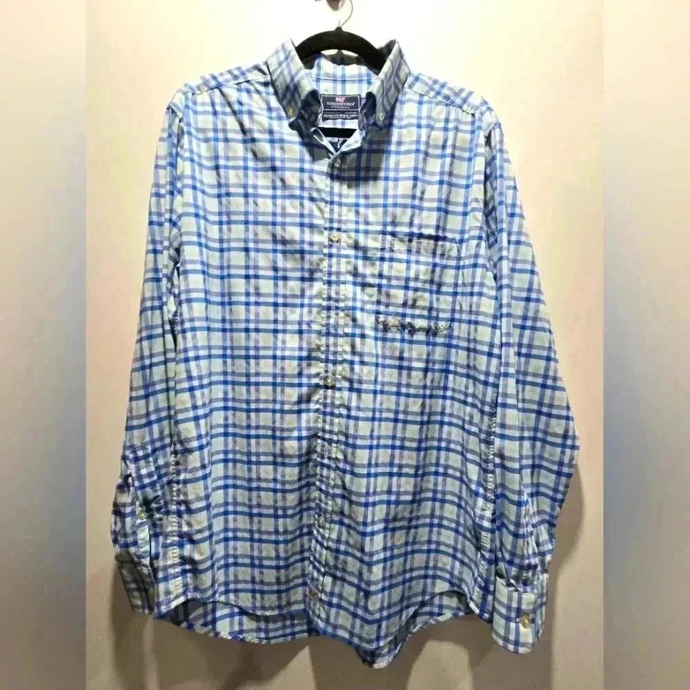 Vineyard Vines Mens Shirt Medium Blue Gingham Button Front Whale Shirt